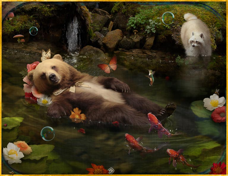 Paint Me Like Ophelia by Corinne Geertsen is picture of a bear floating down a river like Ophelia.